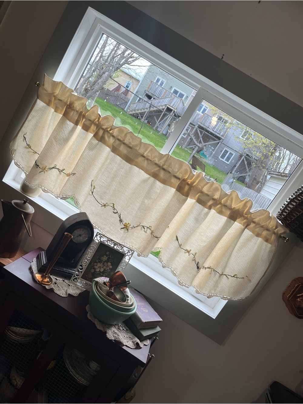 Vintage Embroidered Café Curtain Panel- Cream with Green Floral Crochet Detail